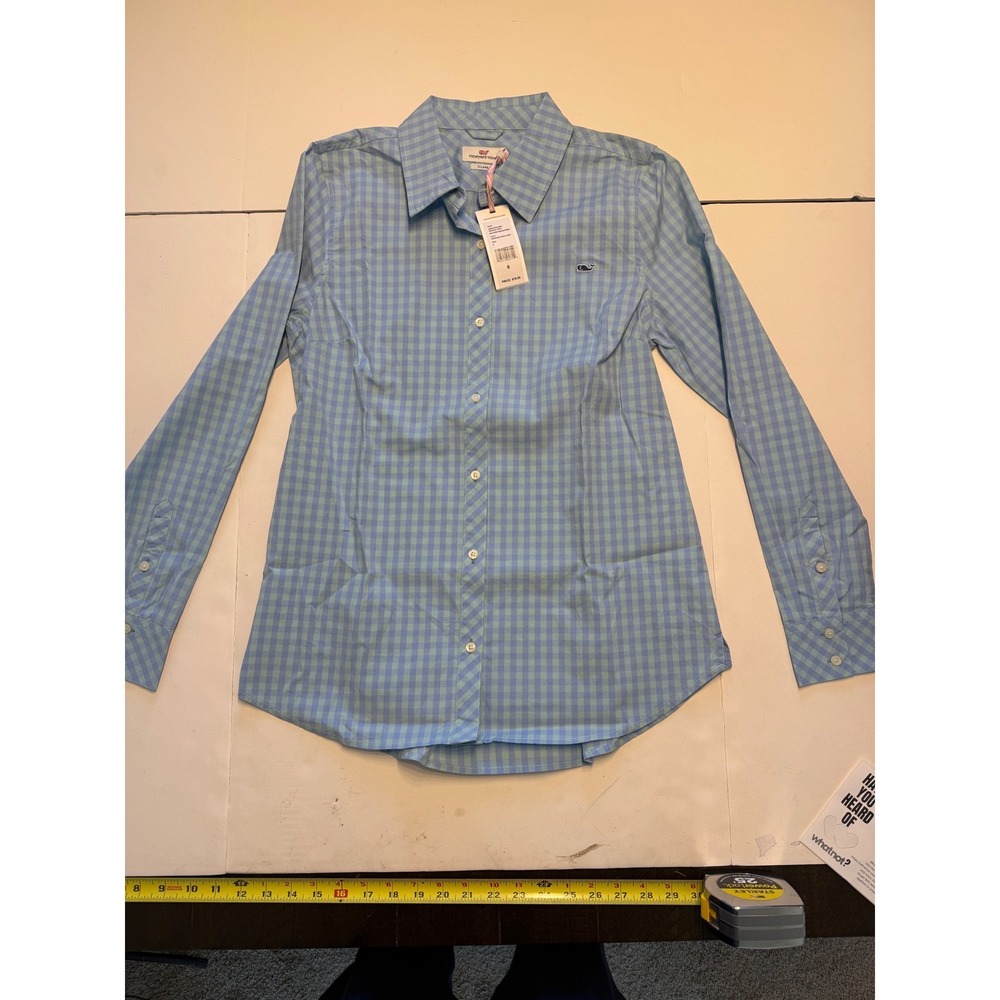 Vineyard Vines Womens Gingham Button Down Shirt Aqua Haze Blue 2W001248 Size 6